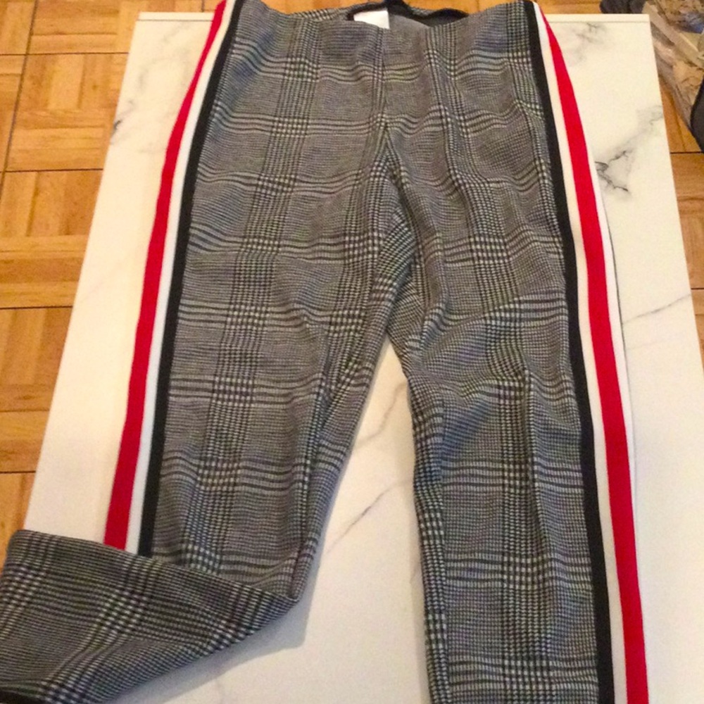 Express Gray Plaid Pants with Red and Black Stripes, small.